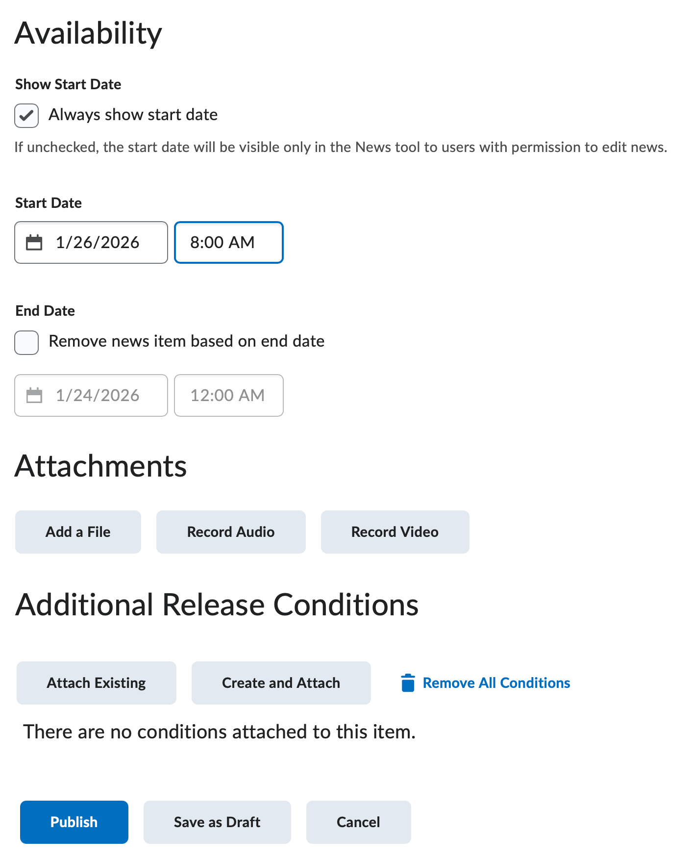 Availability date options within a news item