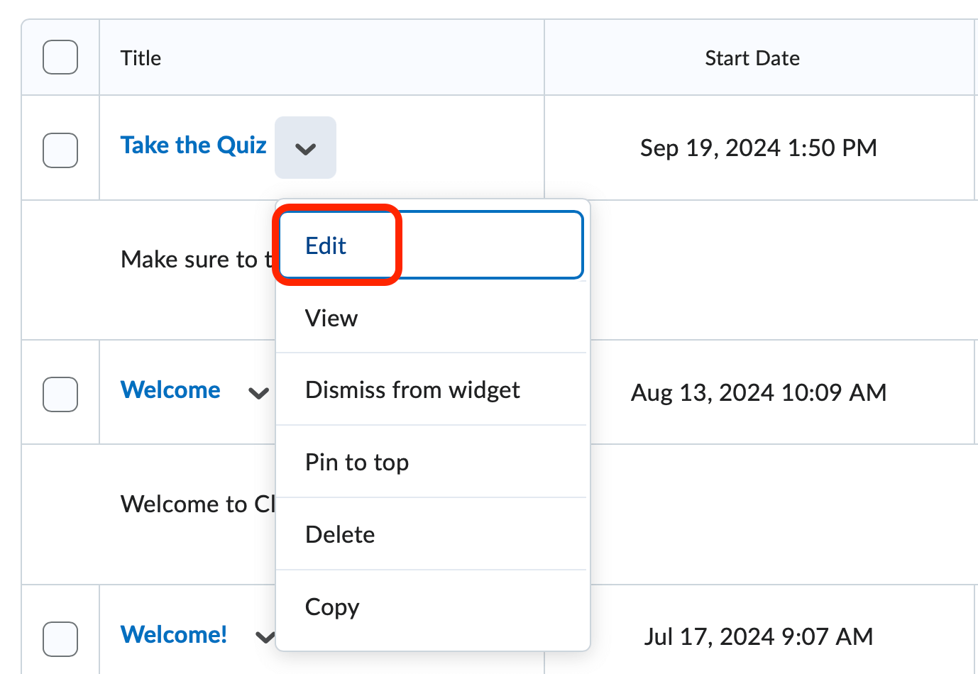 News item context menu (edit, dismiss, delete)
