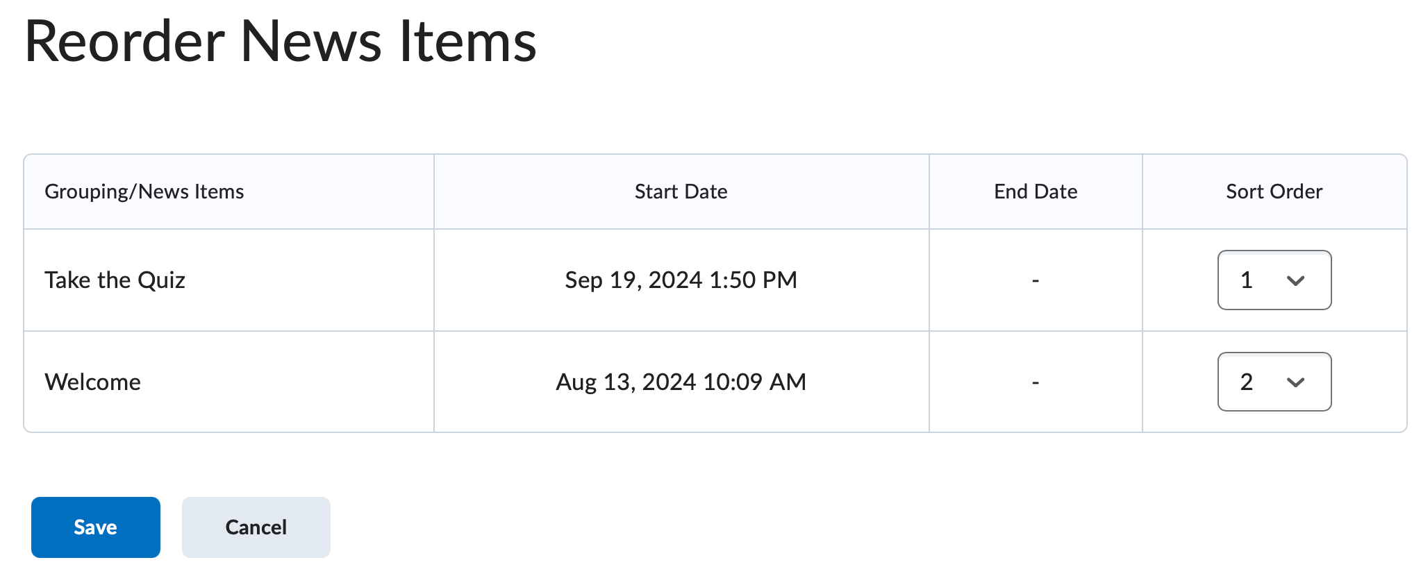 The sort order column of the reorder news items page