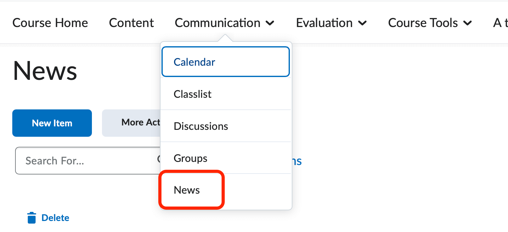 The news tool in the default course nav bar along with the position of the news widget