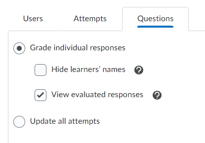 Image of the Grade individual Reponses option and the hide learners' names option