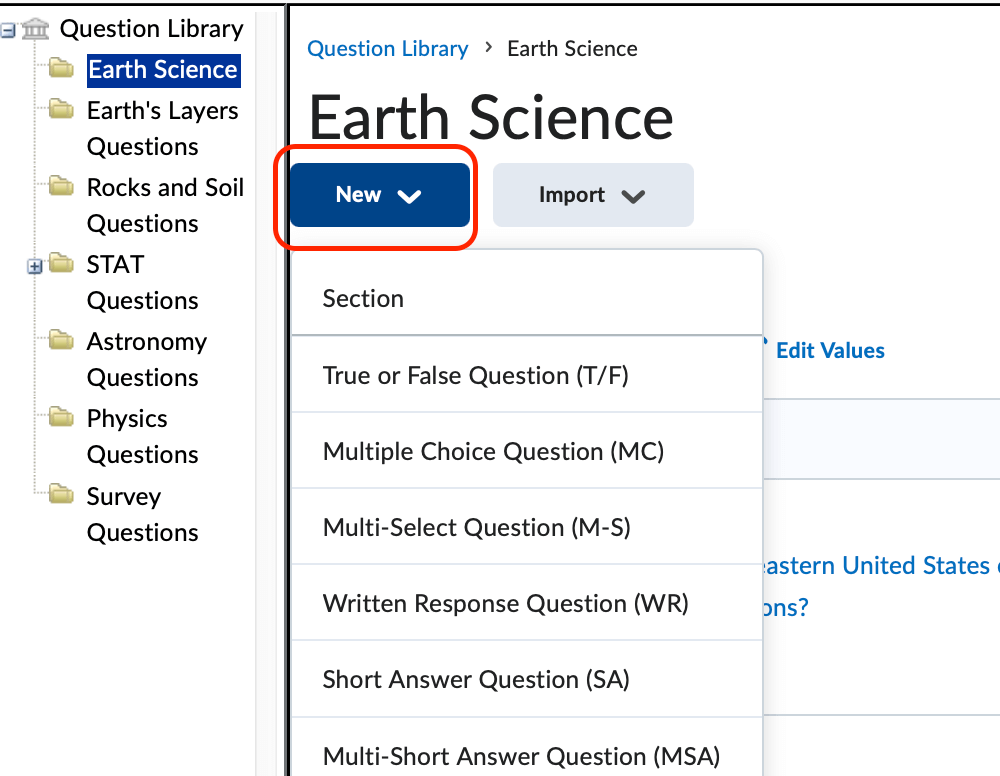 The new button in the question library to access question types