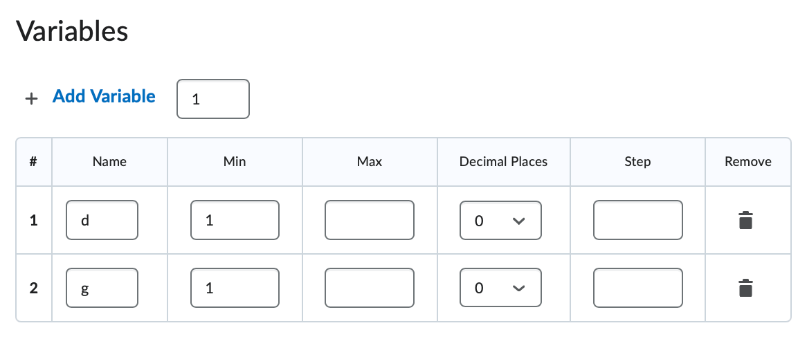 The Arithmetic Variables table that includes the name, min, max, decimal places, step, and remove options