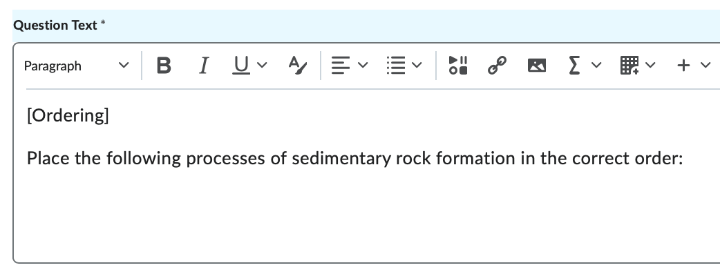 The question textbox for an ordering question