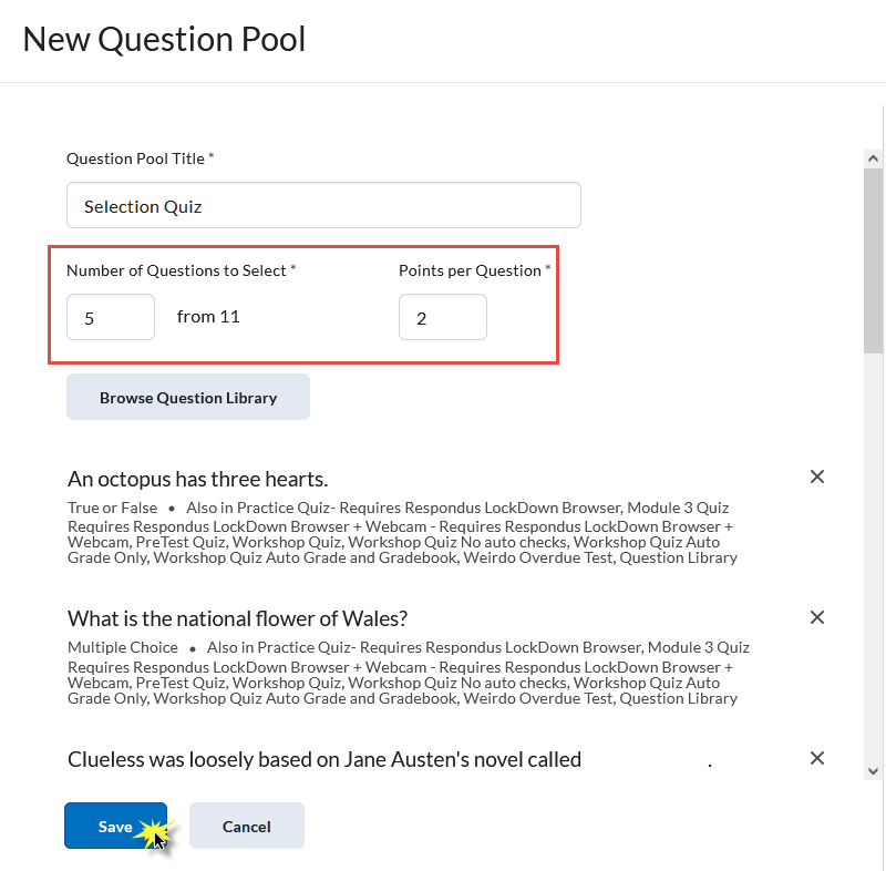 Image of the number of questions to select and the points per question on the new question pool page