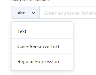 image of short answer grading options (text, case-sensitive text, and regular expression)