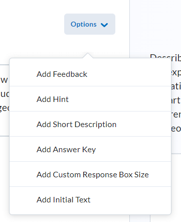 image of additional question options (add feedback, add hint, add short description, add answer key, add custom response box size, and add initial text)