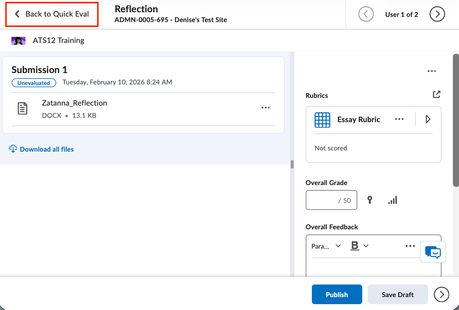 Return to Quick Eval dashboard option at the top