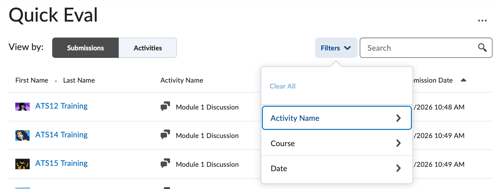 Quick eval filtering options 