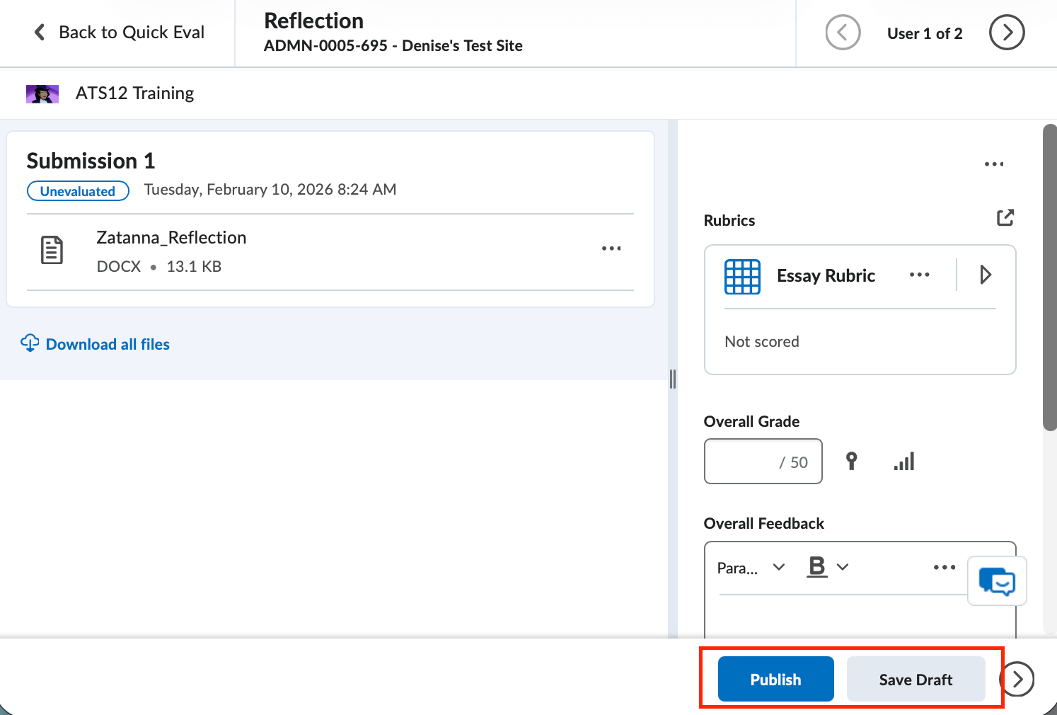 Quick Eval publish grade and feedback option