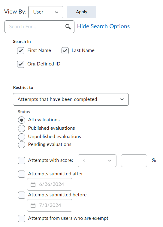 Image of the Attempt filtering options