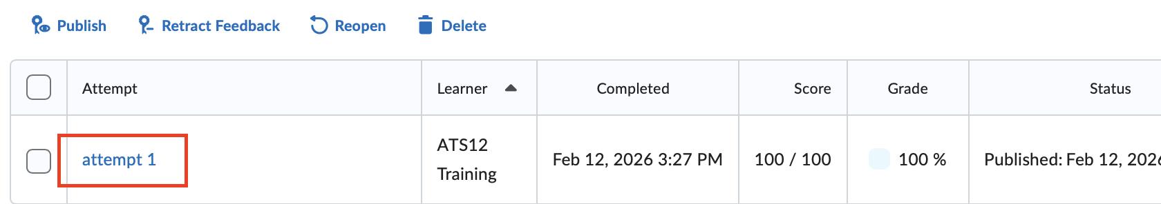 The attempt hyperlink within the grade attempts table
