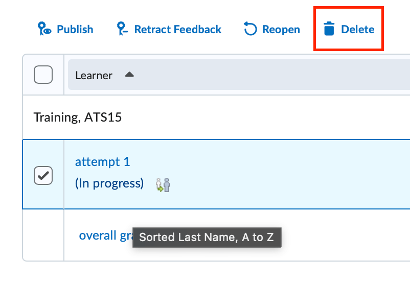 The attempts table for attempts in progress with an attempt checked and the reset icon highlighted
