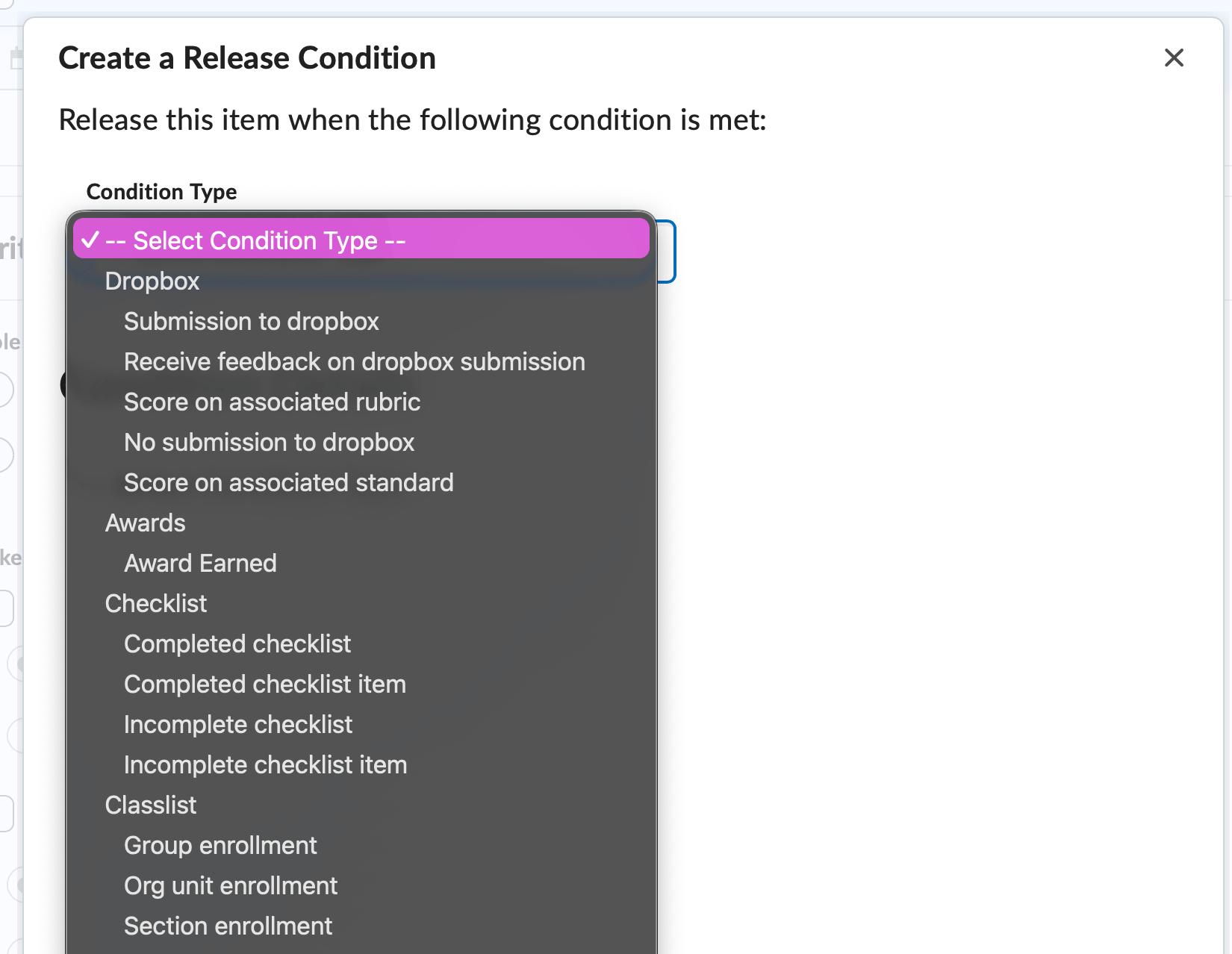 The different release conditions condition types