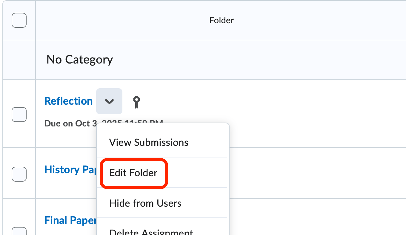 The dropbox folder context menu in order: View Submissions, Edit Folder (selected)