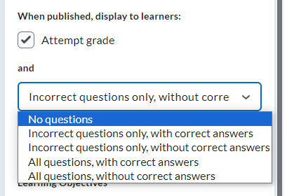 Image of the submission view area under the evaluation and completion section; choose what quiz results you want displayed to students