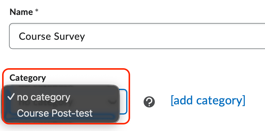 The Category dropdown and the add category hyperlink within the edit quiz page
