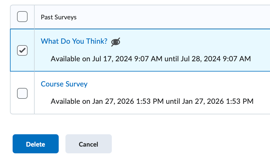 The delete survey screen.