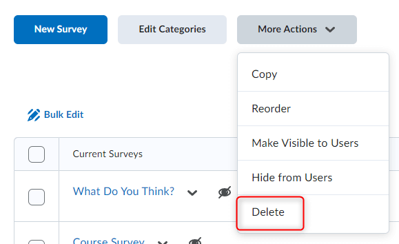 Image of the more actions button on the manage surveys screen with delete selected.