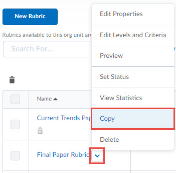 image of rubric context menu witht he following options in order: edit properties, preview, set status, view statistics, copy (selected) 