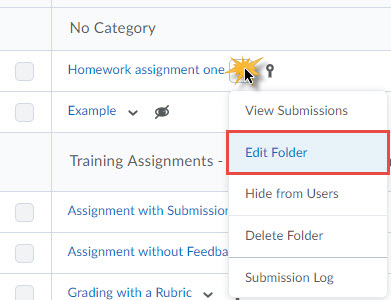 image of a dropbox folder context menu in order: View Submissions, Edit Folder (selected)