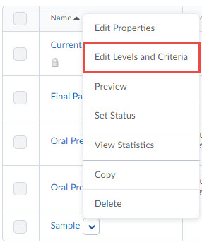 Image of the context menu of a rubric that contains, in order, Edit Properties, Edit Levels and Criteria (selected), Preview, Set Status, View Statistics, Copy, and Delete.