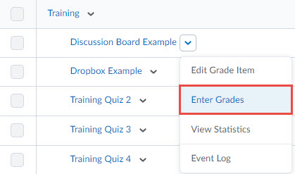 image of manage grades - grade item context menu which lists the following in order: edit grade item, enter grades (selected), view statistics, event log