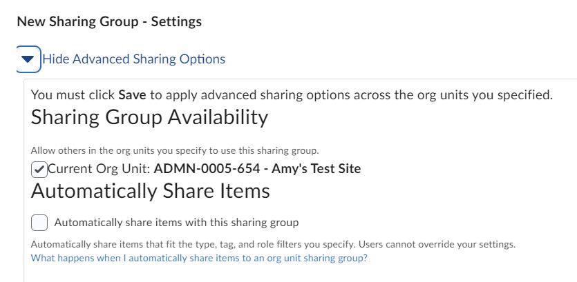 Image of the Automatically Share Items section of the New Sharing Group page. 
