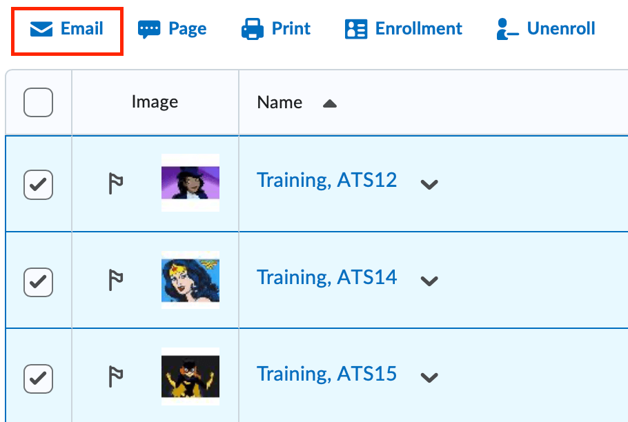 image of the classlist with students selected and email highlighted
