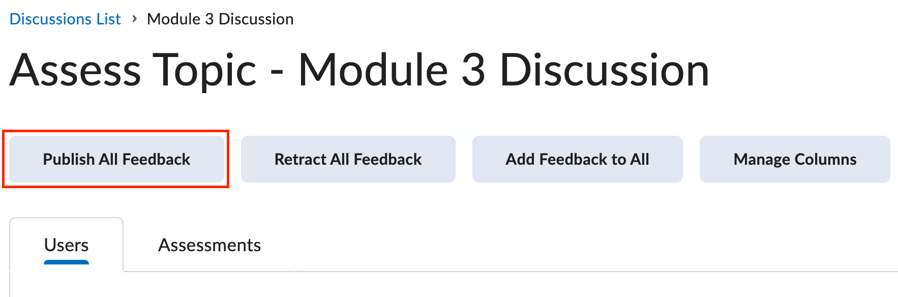 Image of the assess topic page with the publish all scores to grades button circled