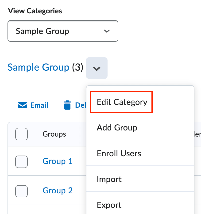 Click the dropdown arrow and select edit category on the manage groups page