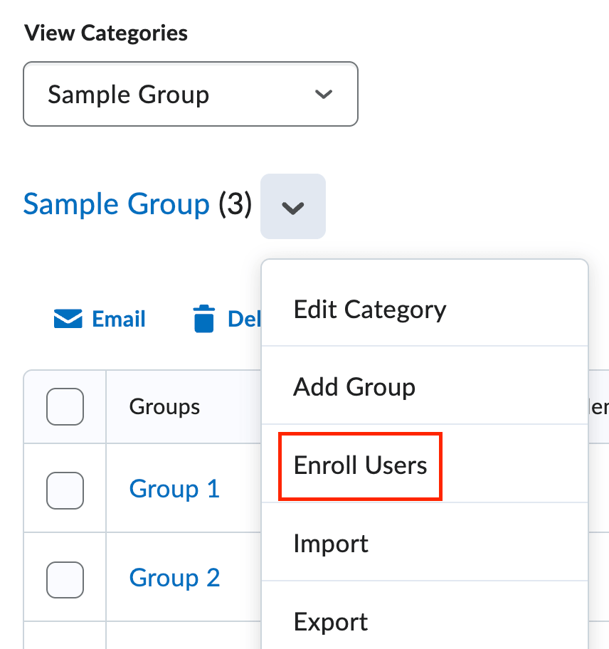 The context menu of a group category with Enroll Users highlighted