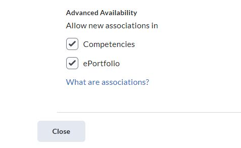 Image of the Advanced Availability section of the Rubric Properties page with ePortfolio option marked. 
