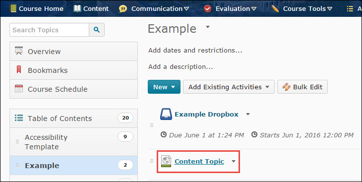 View of the Content tool and a Content Topic. 