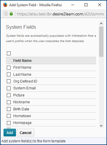 Image of the System Field page. 