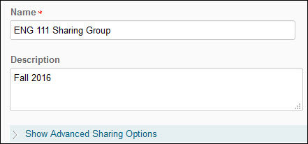 Image of the New Sharing Group page with the Name, Description and Show Advanced Sharing Options fields displayed. 