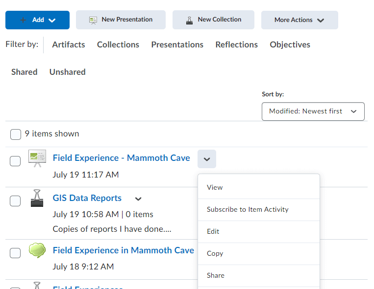 image of the eportfolio dashboard with a specific item context menu expanded to Share