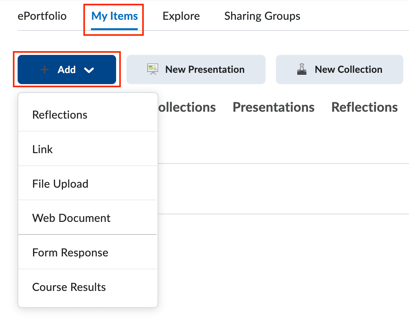 The eportfolio page with my items and the add button selected