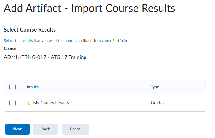 image of the pop-up to add course results to eportfolio