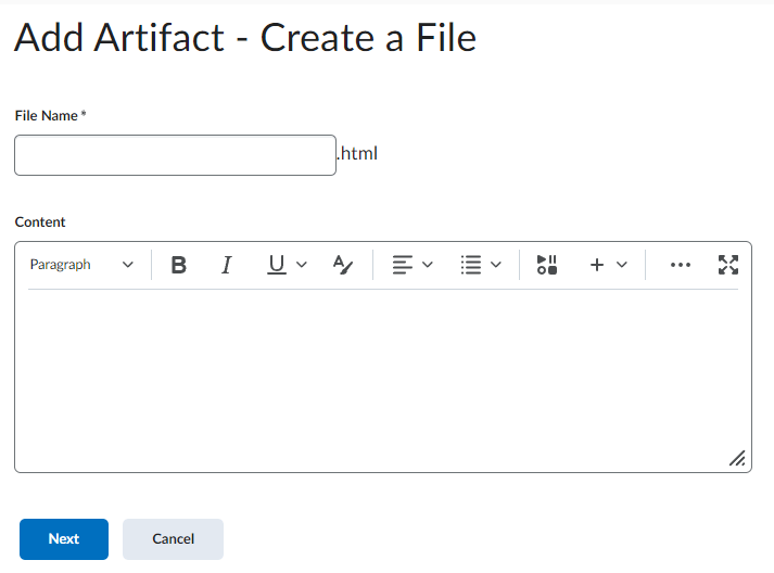 image of the web document upload page under eportfolio add an item