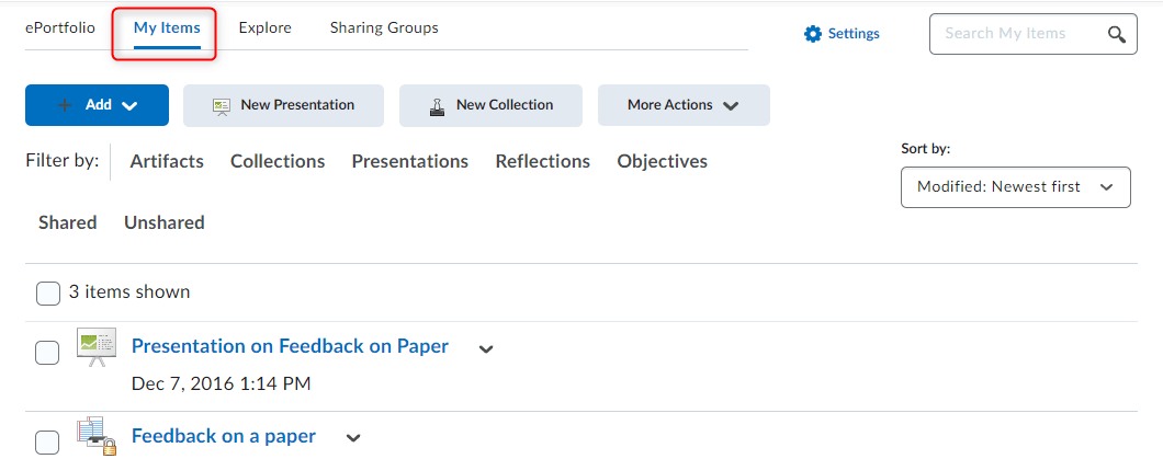 Image of the ePortfolio My Items tab. 