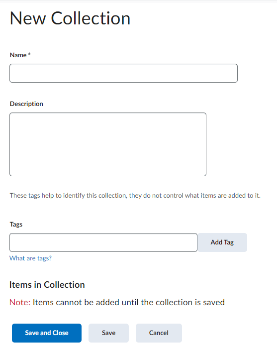 image of the create a new collection page with title, descriptions, and tags