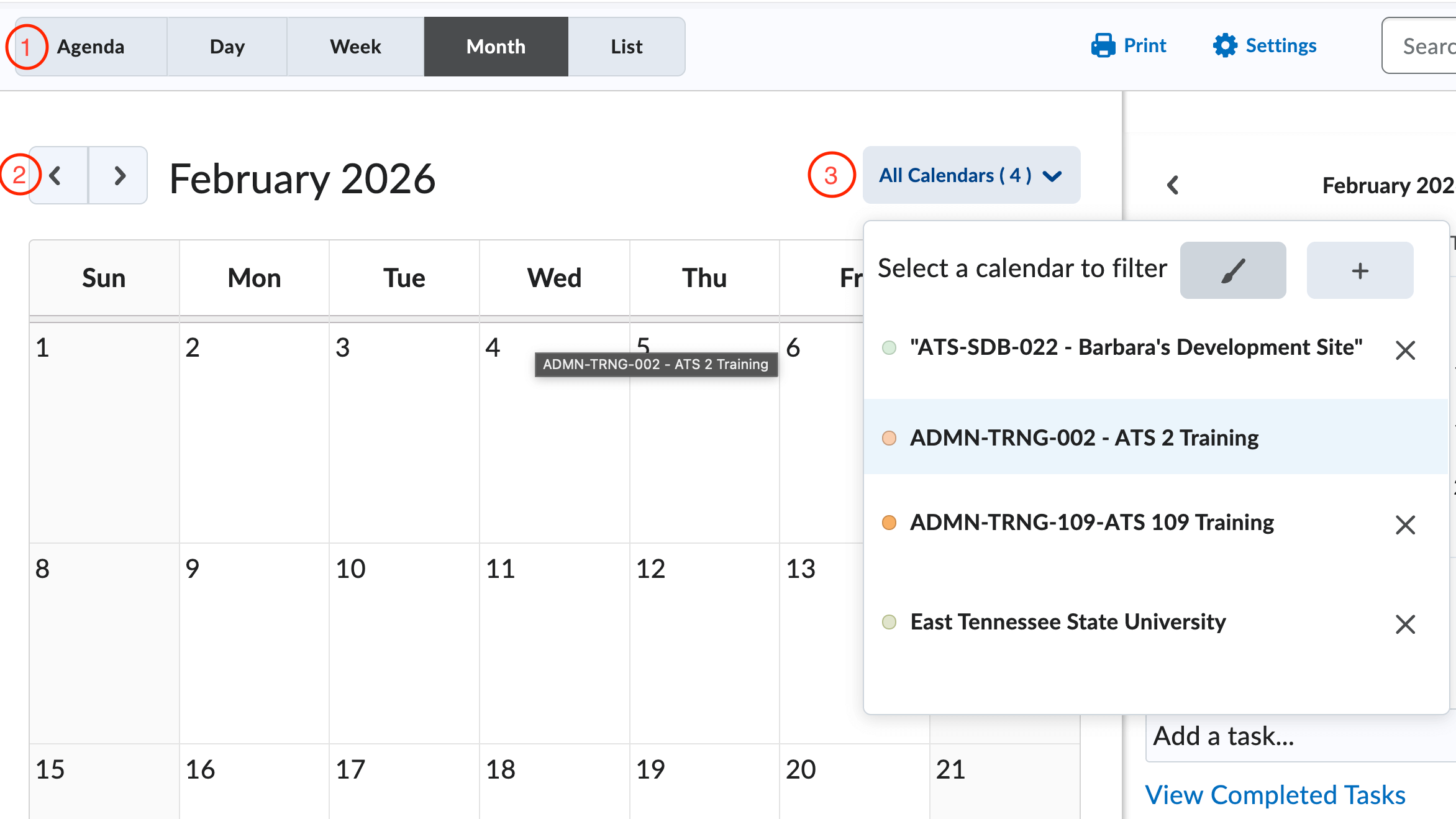 Example of the calendar layout