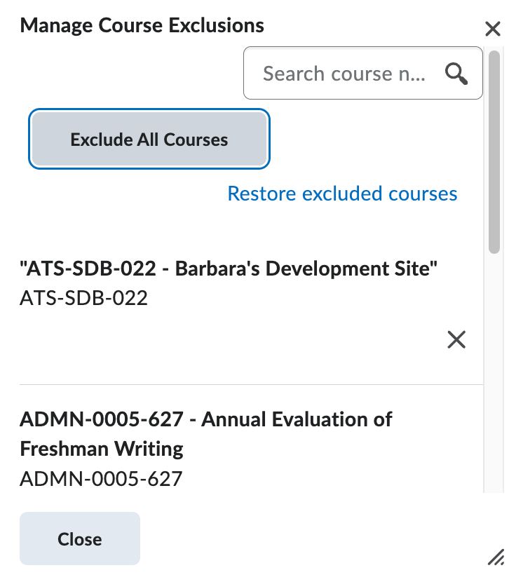 The Exclude some courses section with the Manage my course exclusions hyperlink circled. 