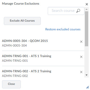 Image of the Manage Course Exclusions pop-up window.