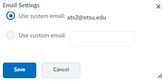 Image of the Email settings pop-up window. The first radio button states 'Use system email' the second radio button asks you to enter a custom email address in the text box provided. 