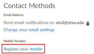 Image of the Contact Methods section of the Notifications set up page with the Register your mobile hyperlink circled.