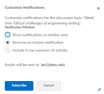 Discussion Board notification Settings window