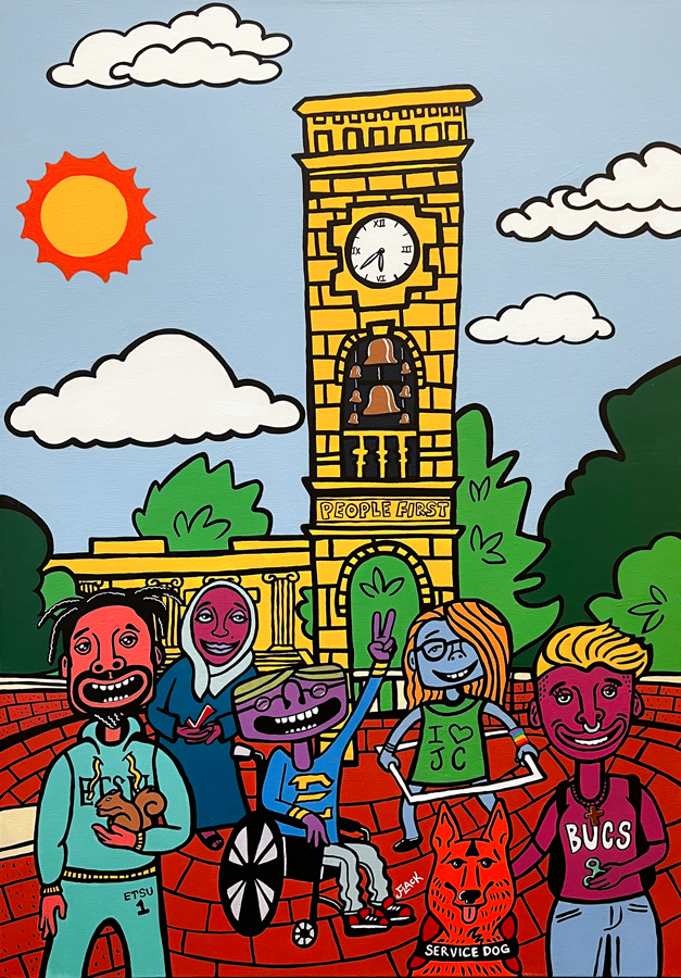 A colorful painting of various people standing in front of the ETSU bell tower. To illustrate the conference theme, one individual is portrayed as having made a hula hoop out of the frame of a checkbox. Another is playing with a check mark. 