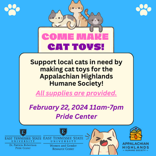 Come make cat toys for the Appalachian Highlands Humane Society on February 22 in the Pride Center from 11am-7pm and in the Women and Gender Resource Center from 11am-4pm!